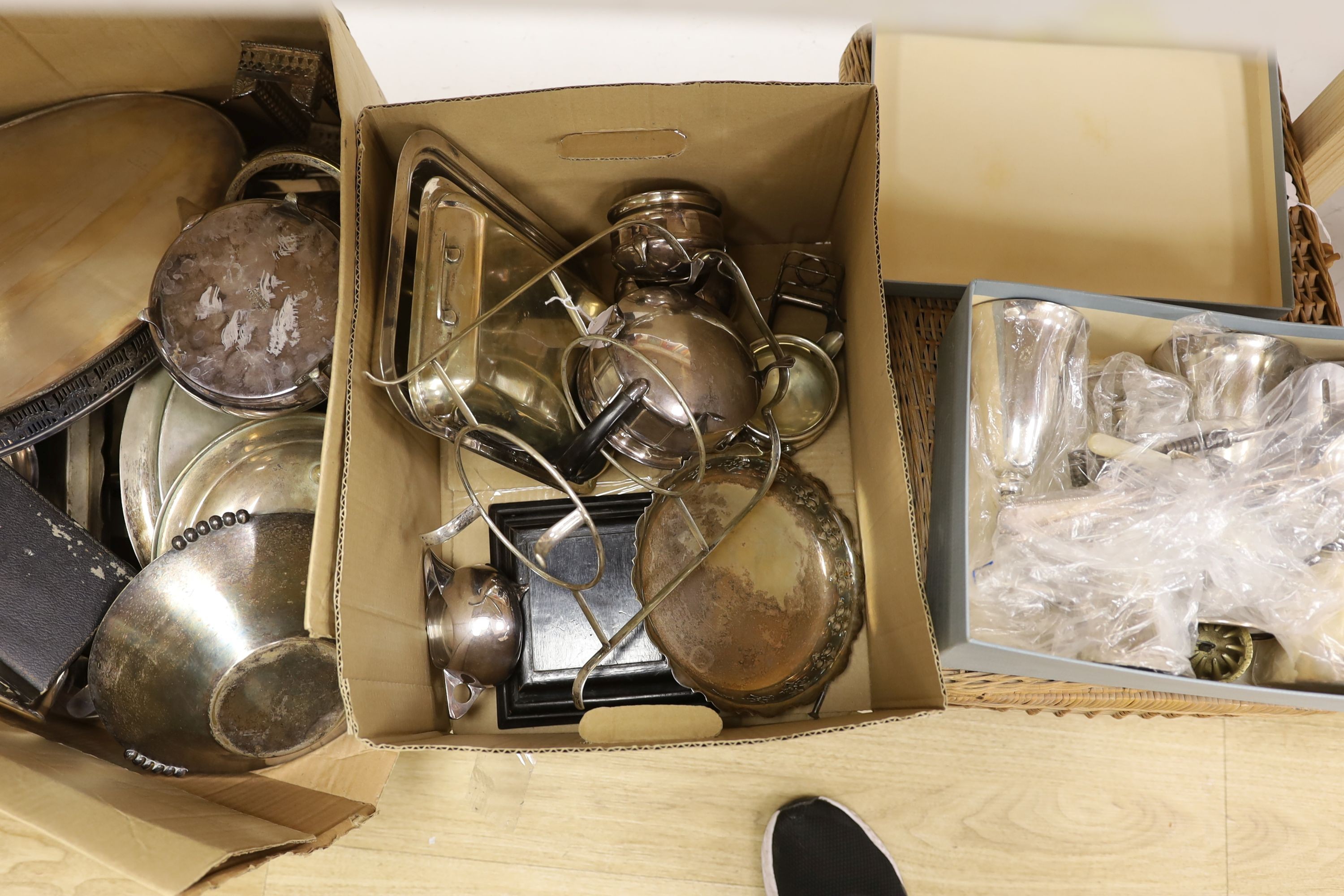 Two boxes of mixed silver plate